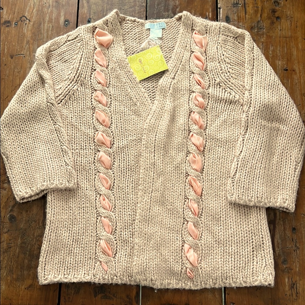 Gramercy By Alice Roi Women's Beige Sweater with Peach Ribbon Accents - size 1X